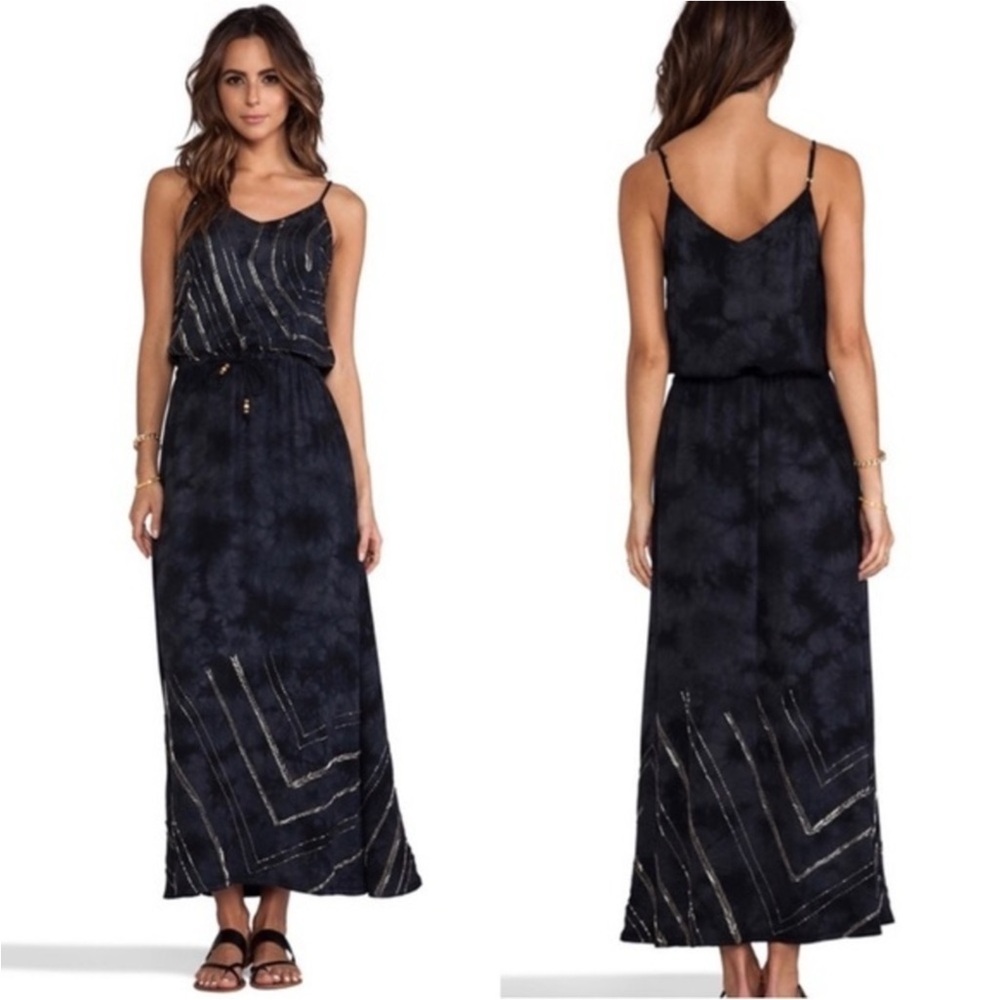 New Chaser Beaded Maxi Dress Blue Waist Tie Dye Size Large Sleeveless